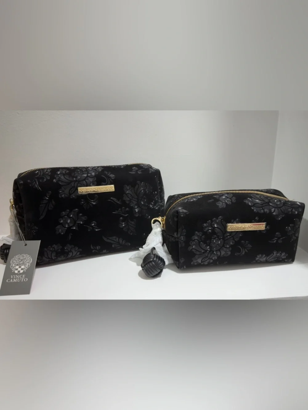 Vince Camuto Black Floral Cosmetic Pouch Duo with Gold Accents medium ,small bag